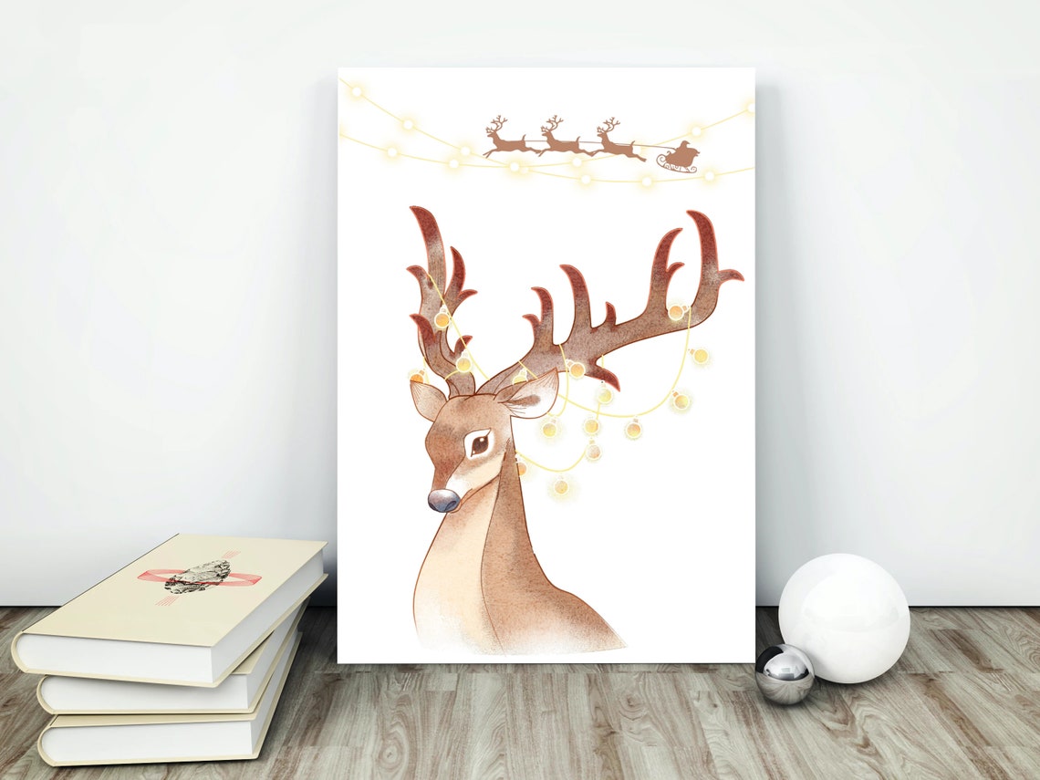 Watercolor Reindeer With String Lights and Santa Sleigh Poster - Image 2
