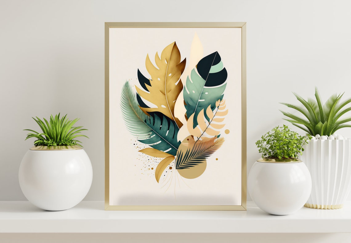 Tropical Gold Palm Monstera Leaves Bouquet Exotic Decor Poster - Image 3