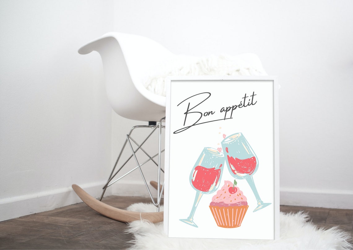 Bon Appetit Wine Glasses and Cupcake Kitchen Watercolor Poster - Image 2