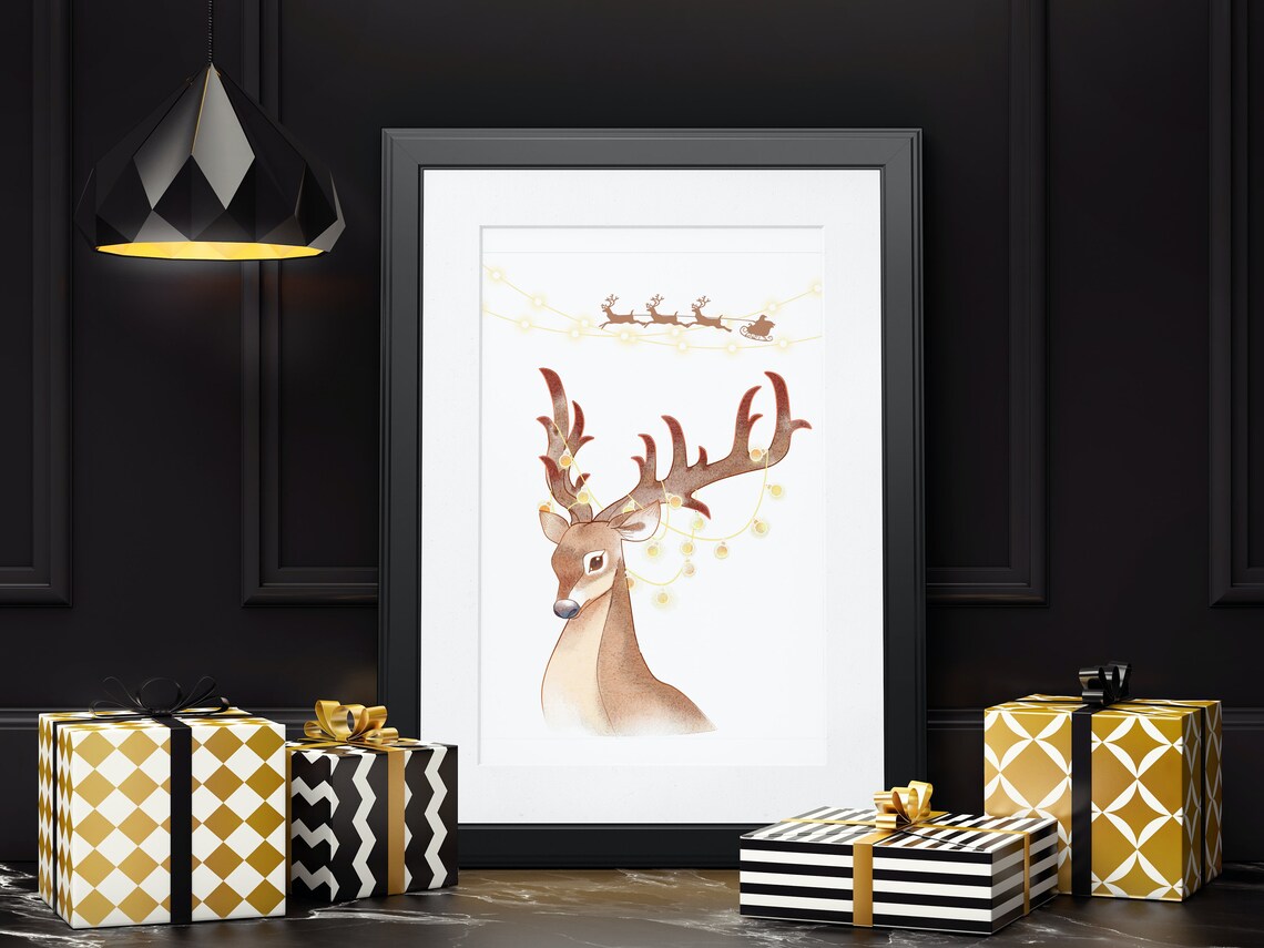 Watercolor Reindeer With String Lights and Santa Sleigh Poster - Image 4