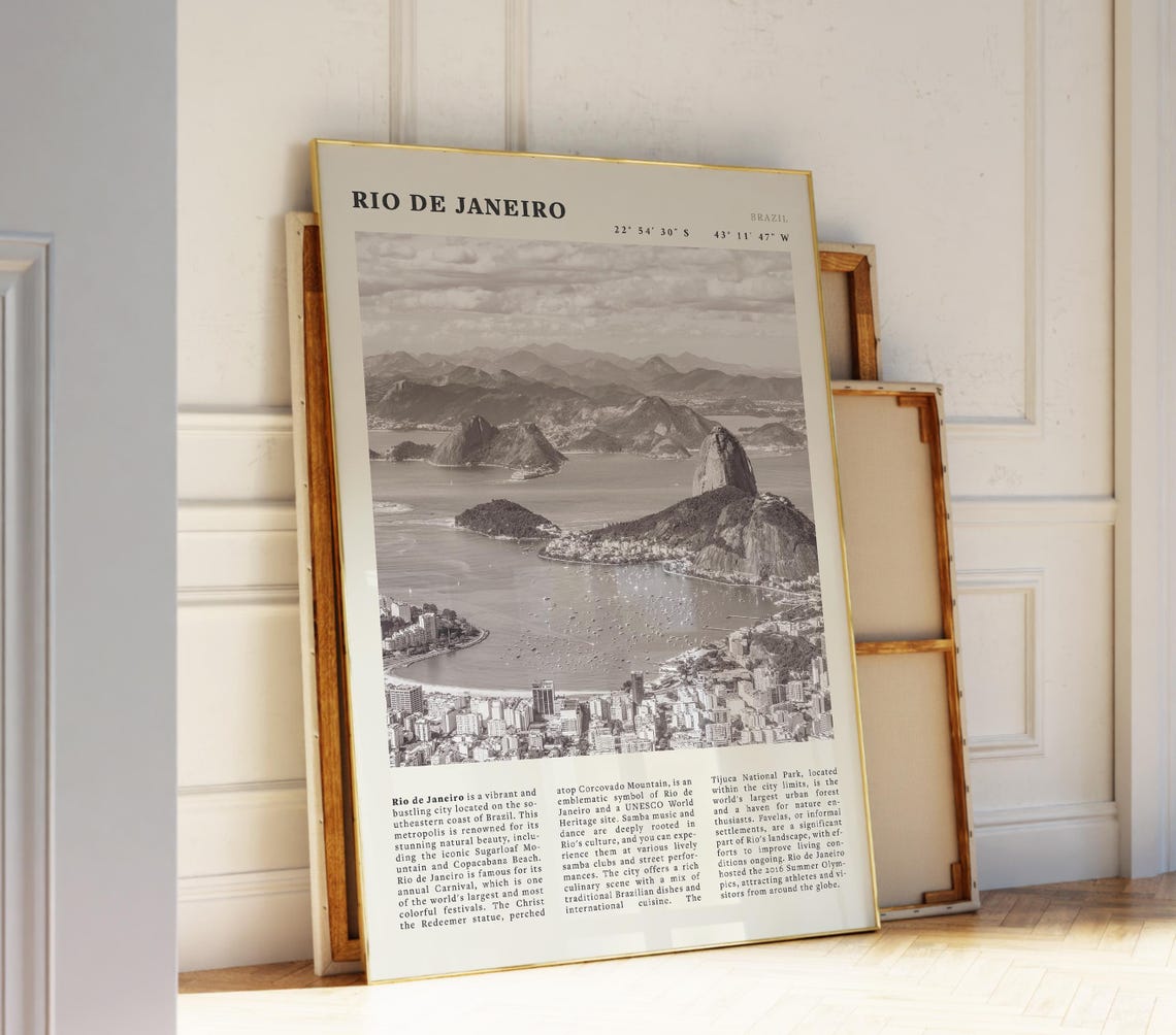 Rio De Janeiro Black White Poster Vintage Brazil Travel Wall Art Print Idea For World Explorers