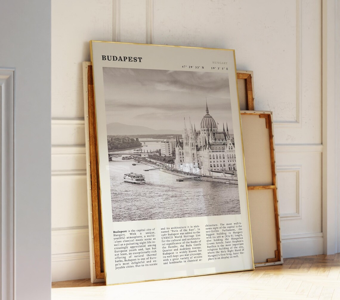 Budapest Hungary Black and White Parliament Danube River Travel Poster