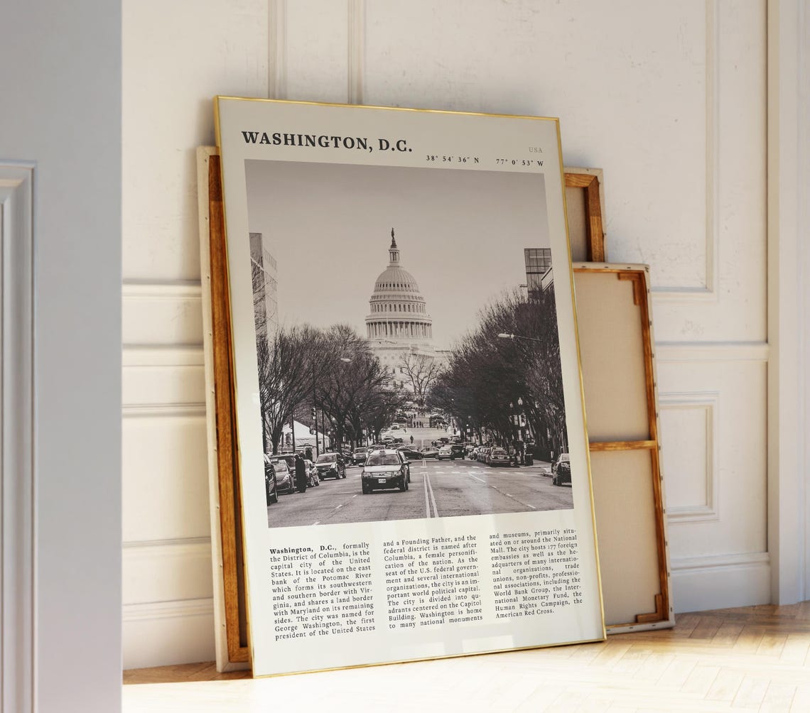 Washington Dc Black White Travel Poster Capitol Building Print Vintage Cityscape Wall Art Idea
