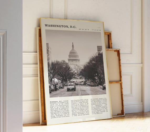 Washington Dc Black White Travel Poster Capitol Building Print Vintage Cityscape Wall Art Idea