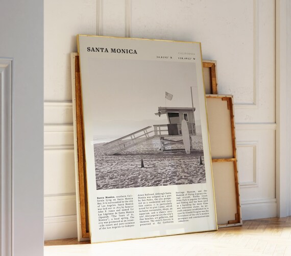 Santa Monica Black White Travel Poster Minimalist Beach Print Vintage Coastal Wall Art Los Angeles Ocean Decor