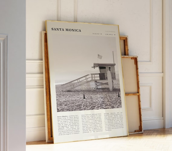 Santa Monica California Black and White Lifeguard Tower Travel Poster