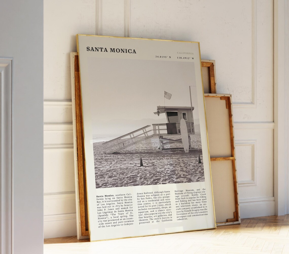 Santa Monica California Black and White Lifeguard Tower Travel Poster