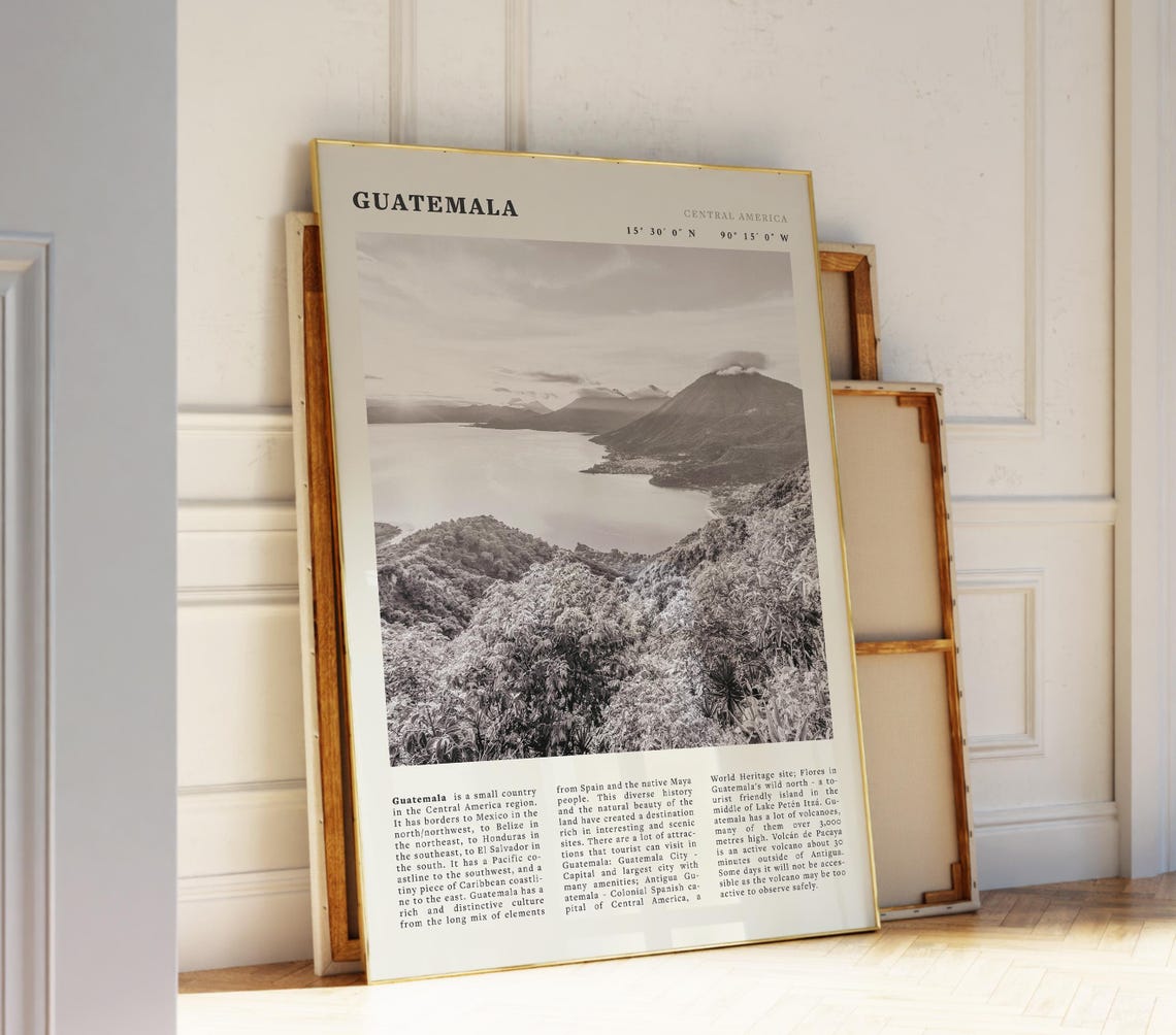 Guatemala Black White Poster Vintage Volcano Landscape Print Gift For Central America Lovers