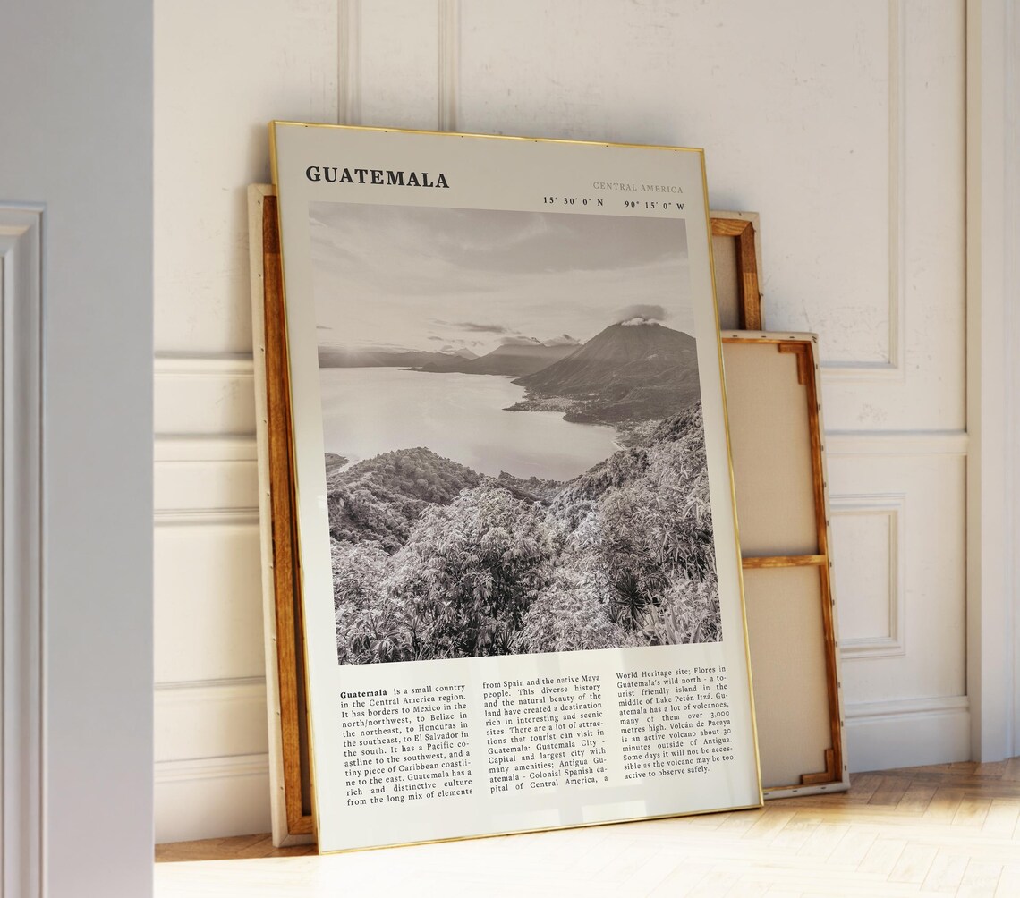 Guatemala Volcano Lake Landscape Black And White Travel Poster