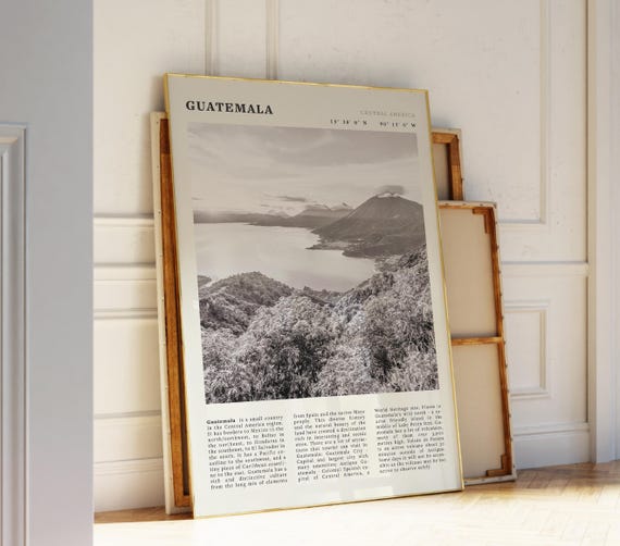 Guatemala Black White Poster Vintage Volcano Landscape Print Gift For Central America Lovers