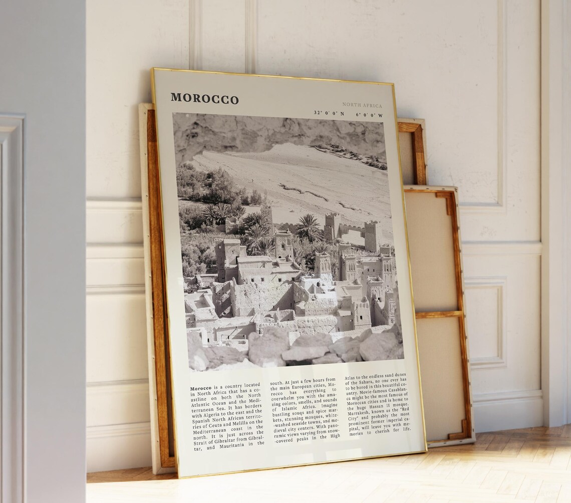Morocco Black White Desert Kasbah Vintage Travel Poster