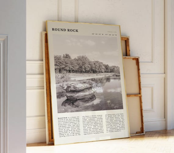 Round Rock Texas Black White Poster Vintage Travel Wall Art Print Idea For Texans And Nature Lovers