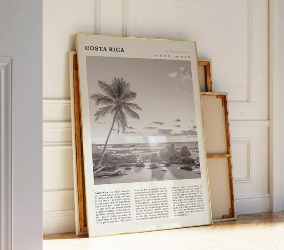 Costa Rica Black White Poster Vintage Tropical Beach Print Exotic Travel
