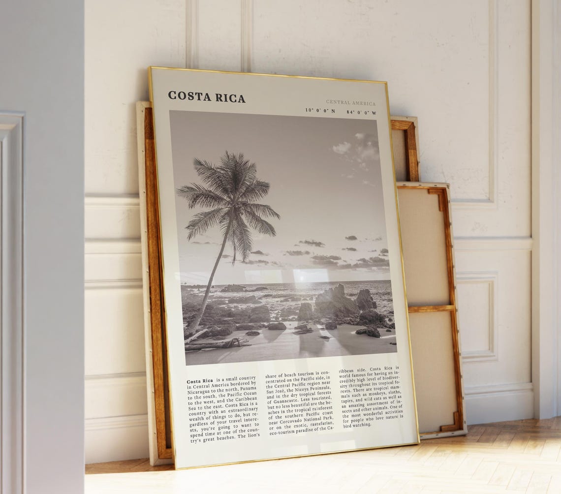 Costa Rica Black White Poster Vintage Tropical Beach Print Exotic Travel