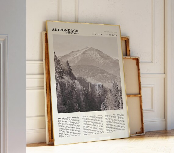 Adirondack Mountains New York Black and White Peak Landscape Travel Poster