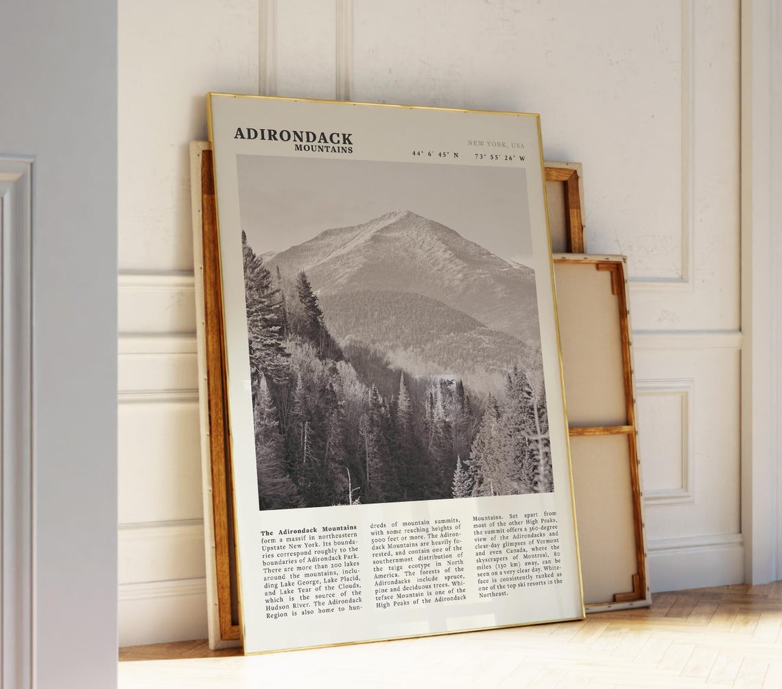 Adirondack Mountains Black White Print Usa Travel Poster Perfect Art For Nature Lovers