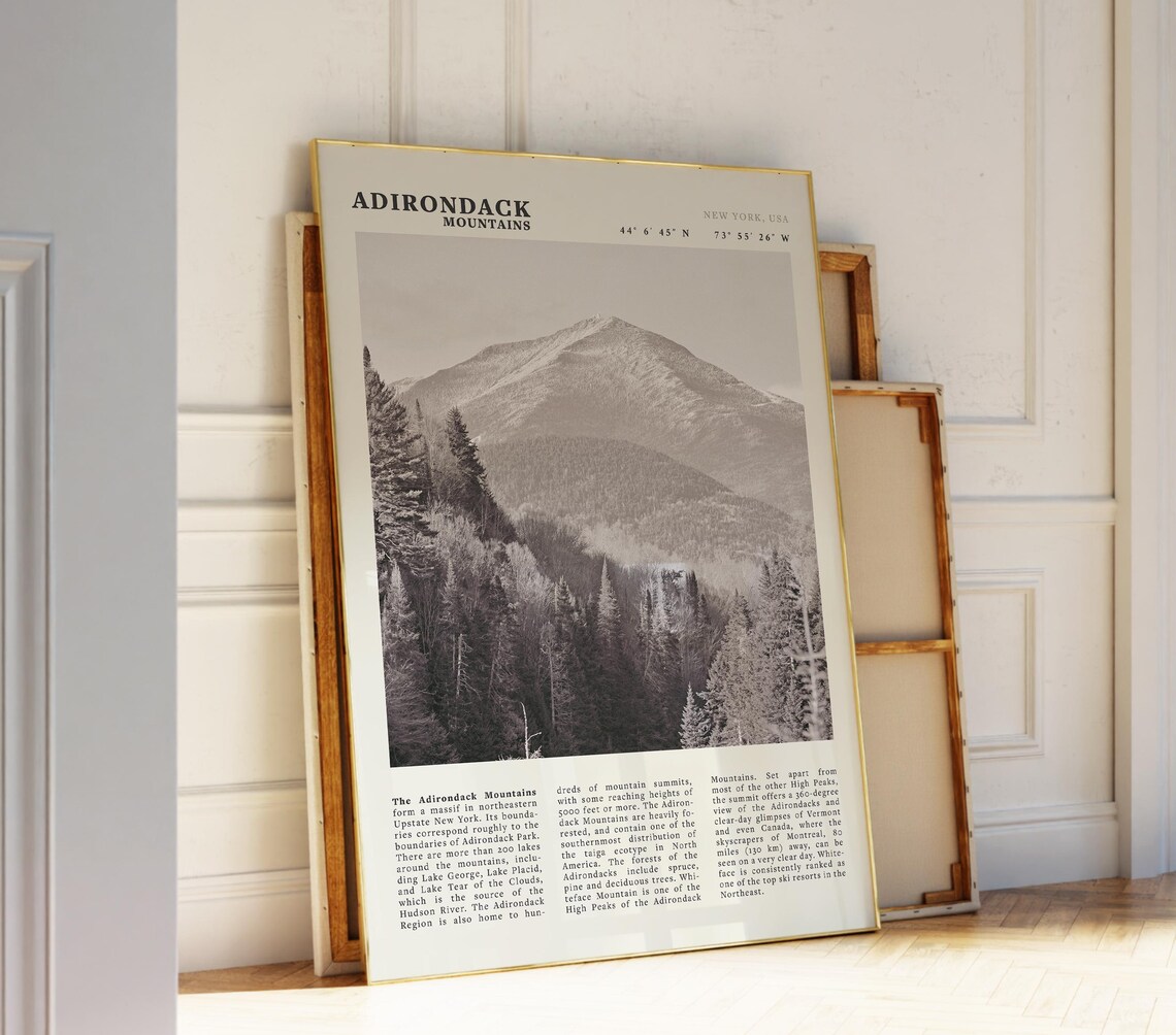 Adirondack Mountains New York Black and White Peak Landscape Travel Poster