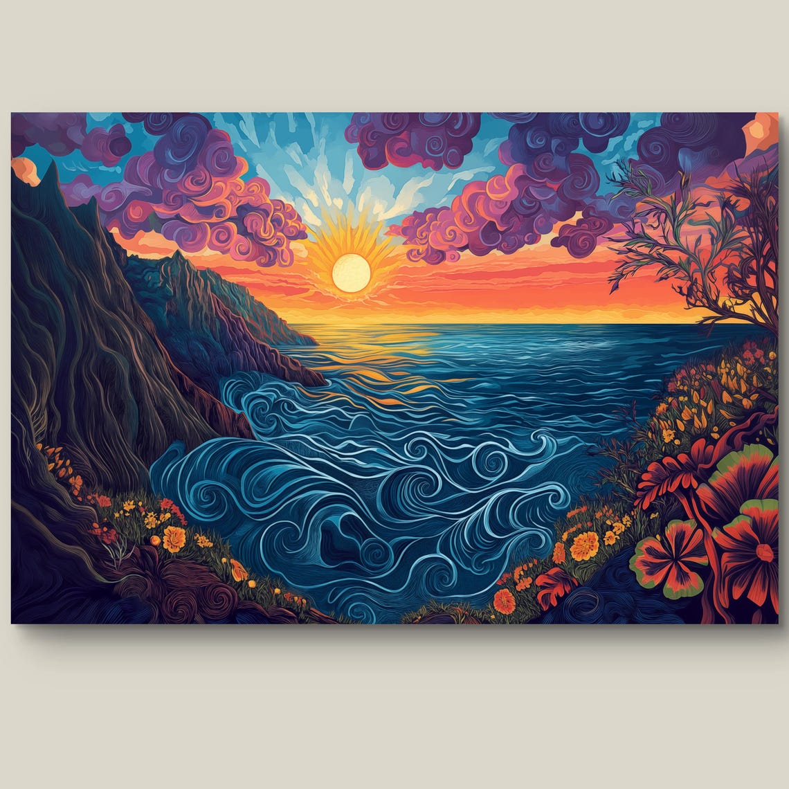 Psychedelic Sunset Coast with Swirling Waves and Flowers Poster - Image 5