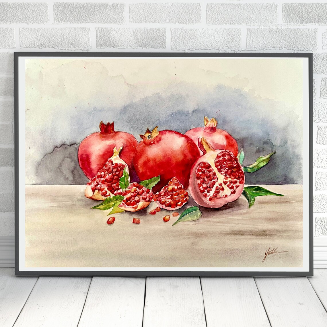Pomegranates and Cut Fruit Seeds Rustic Watercolor Still Life Poster - Image 3