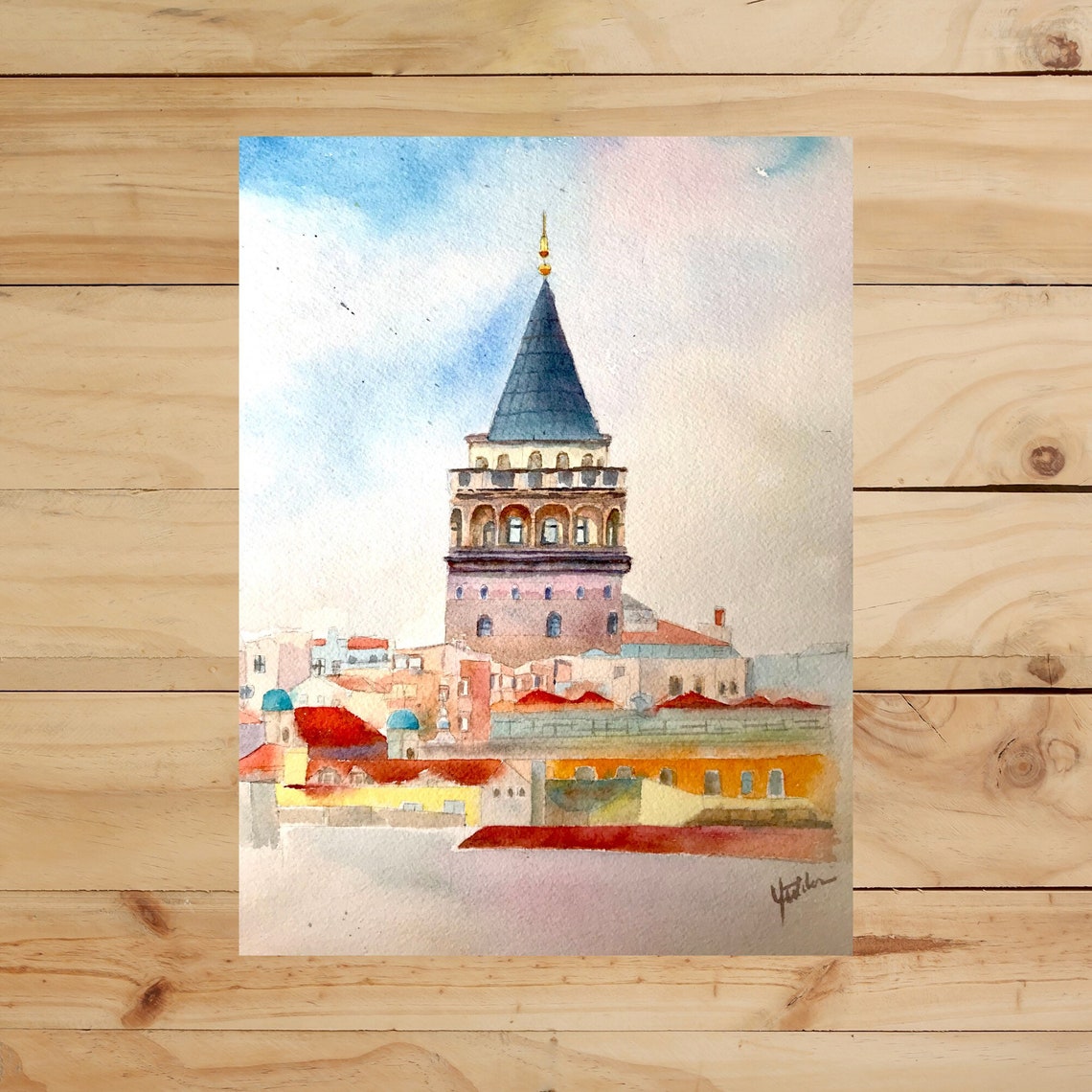 Istanbul Watercolor Painting Original Watercolor Istanbul Landscape Galata Tower City Landscape Painting Turkey Landscape 10x14 Inches - Image 2
