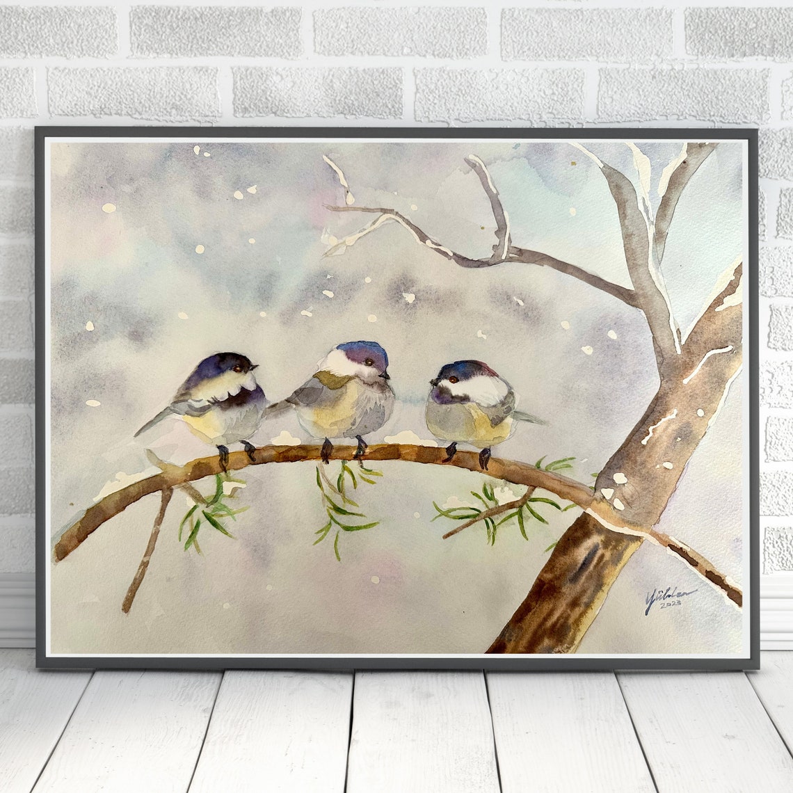 Three Chickadees on Snowy Branch in Falling Snow Watercolor Poster - Image 4