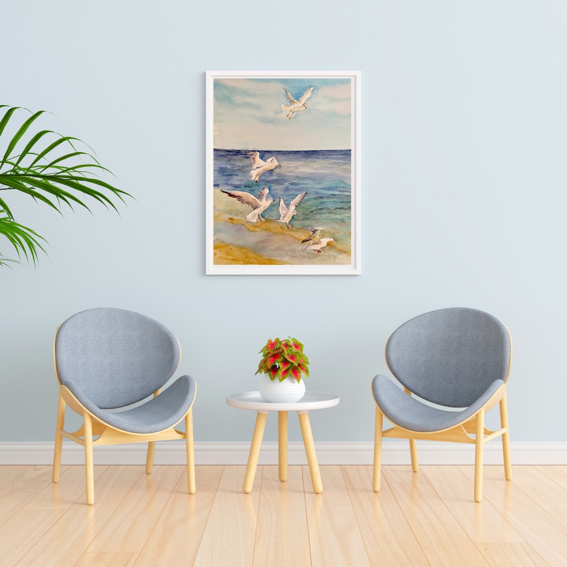 Seagulls Flying Over Beach Waves Watercolor Coastal Art Poster - Image 6