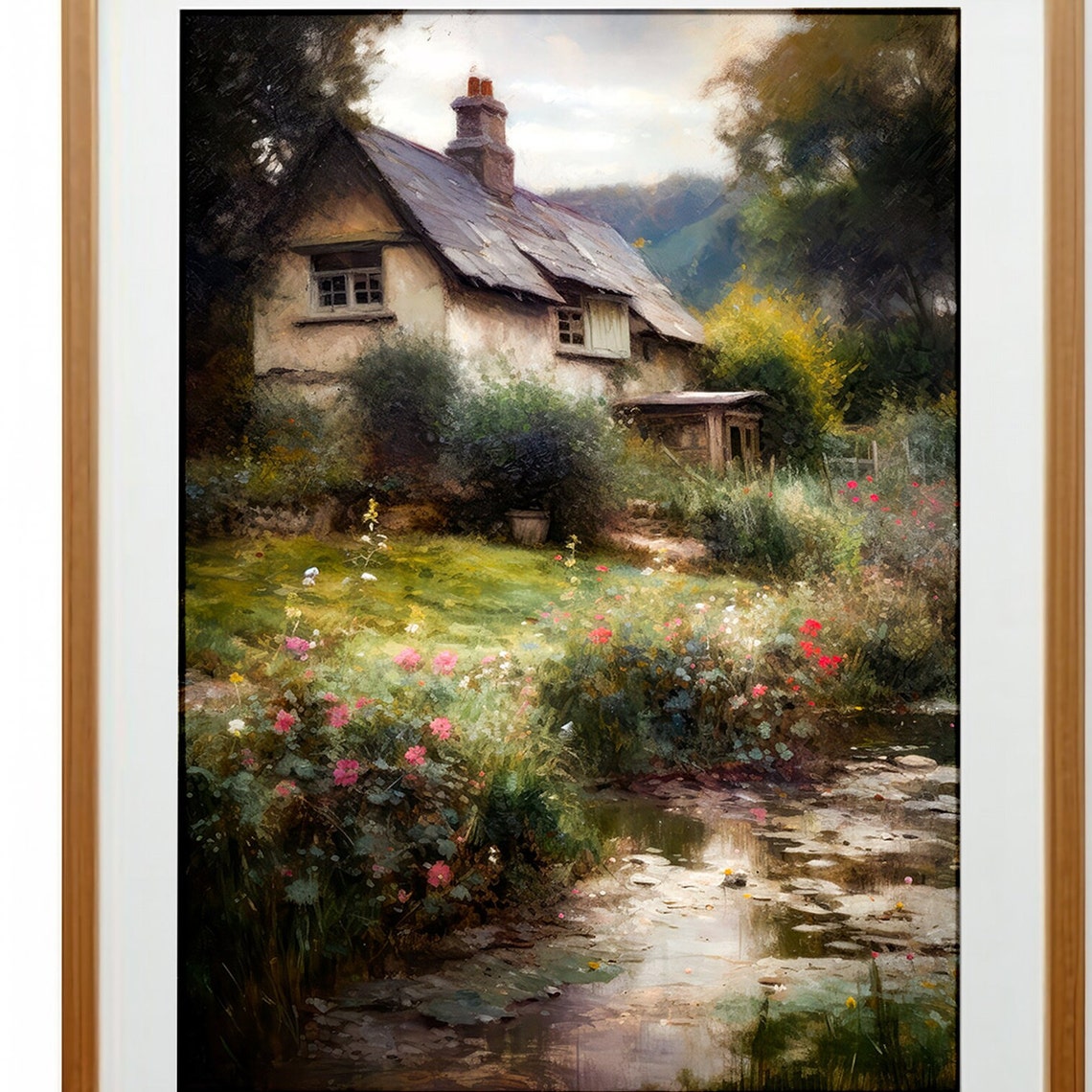 Moody Cottage Garden Pond Wildflowers Dark Cottagecore Painting Poster - Image 3