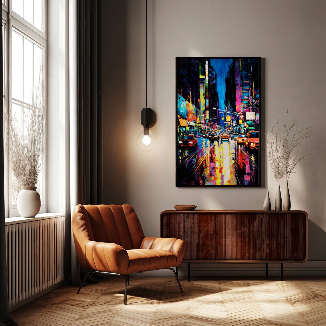 New York City Neon Street Rainy Night Cyberpunk Cityscape Wall Art - Image 2