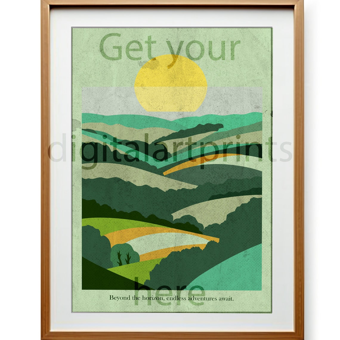 Green Rolling Hills Golden Sunrise Geometric Abstract Wall Art - Image 3