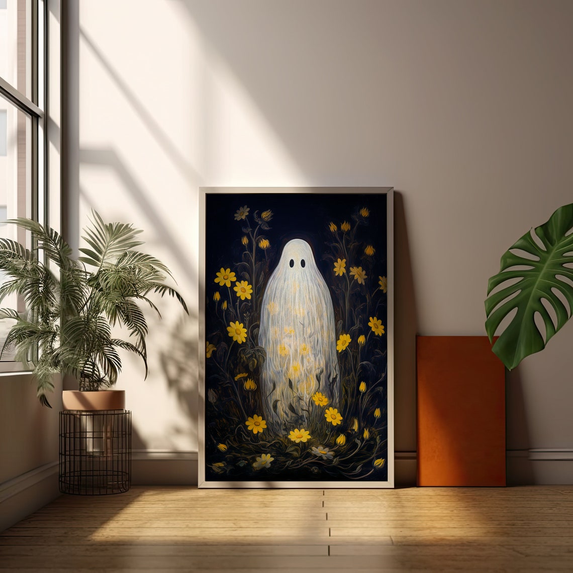 Sweet Ghost Yellow Flower Meadow Dark Night Halloween Poster - Image 2