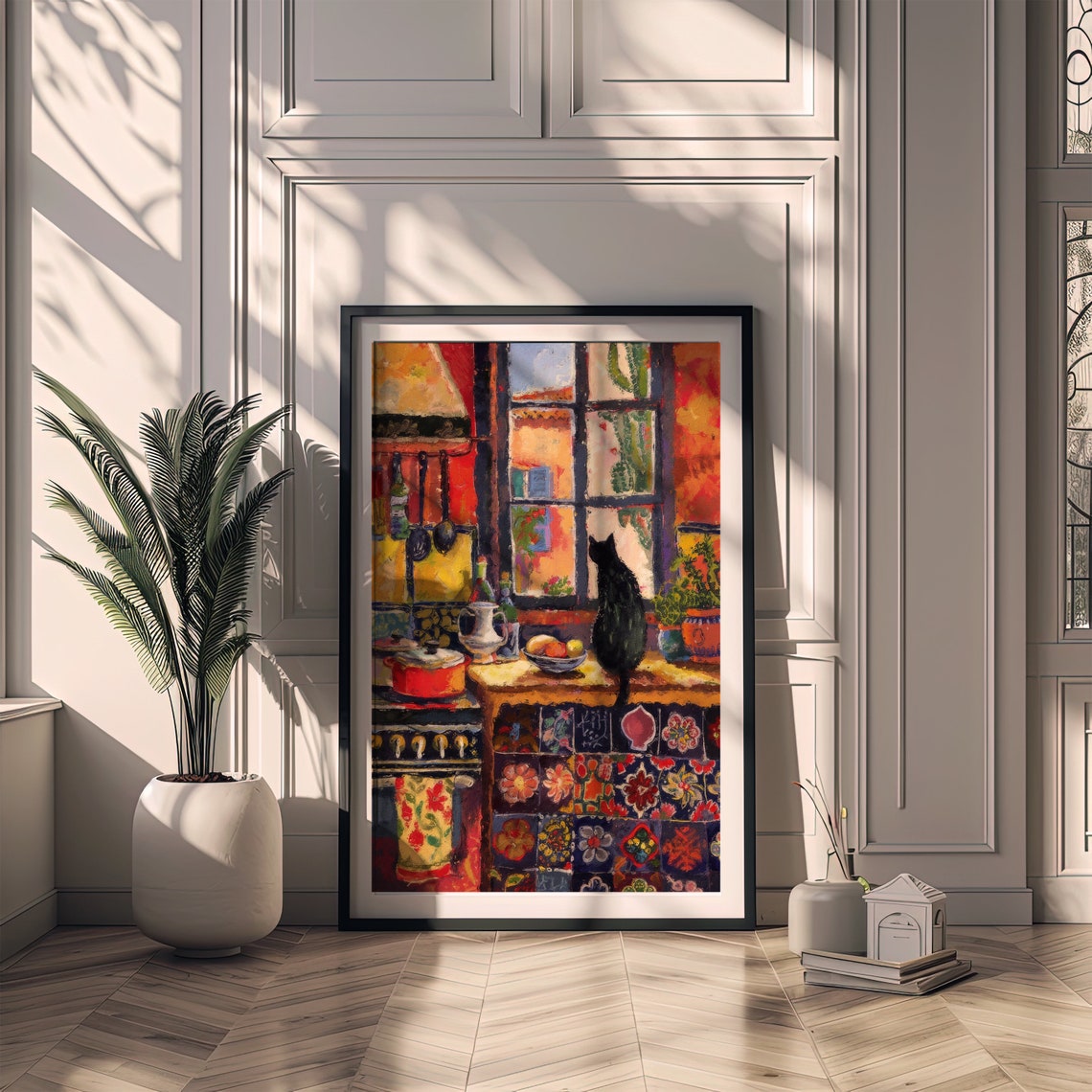 Colorful Kitchen with Black Cat Matisse Inspired Vibrant Art Print - Image 2