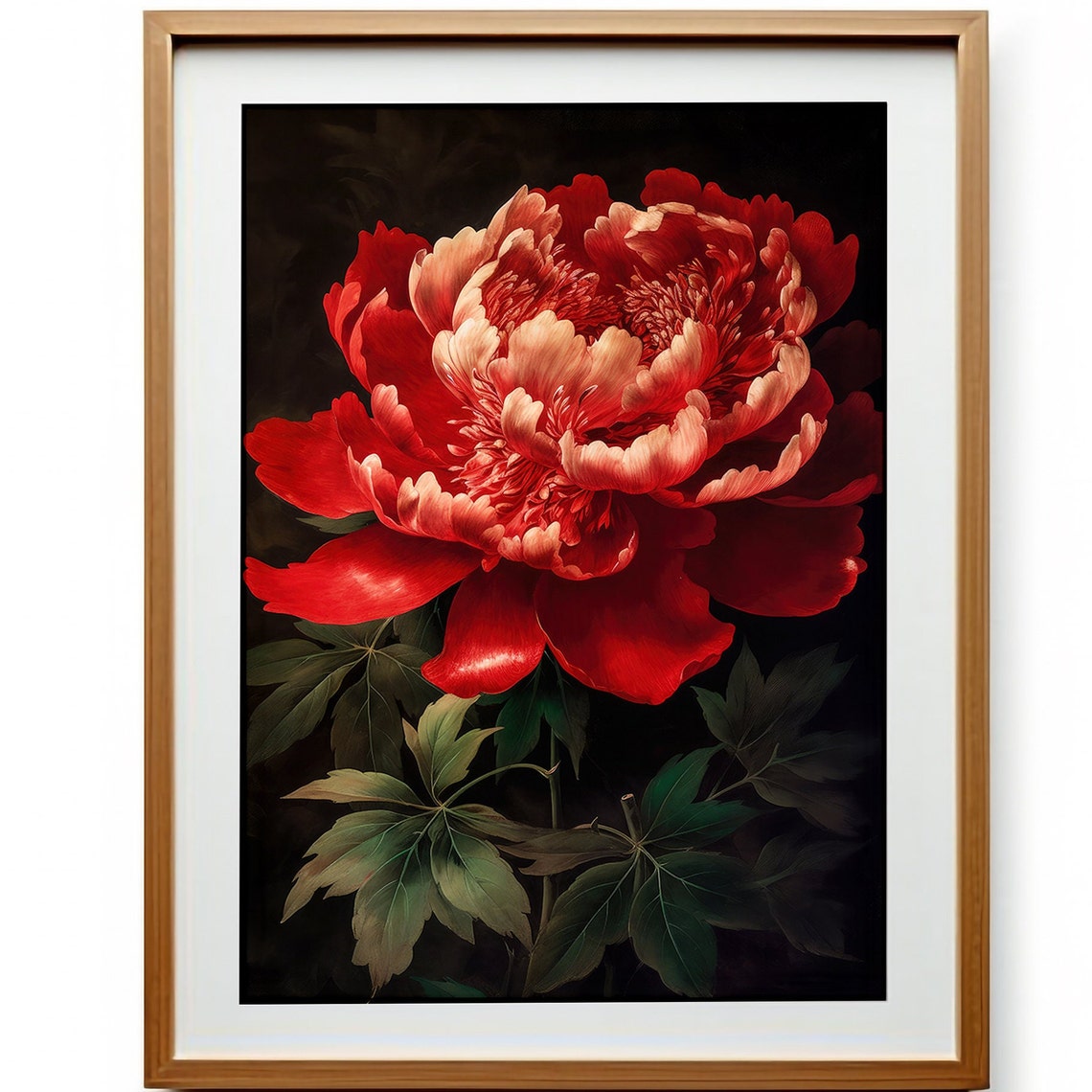 Dramatic Red Peony Blossom on a Dark Black Painterly Background Poster - Image 3