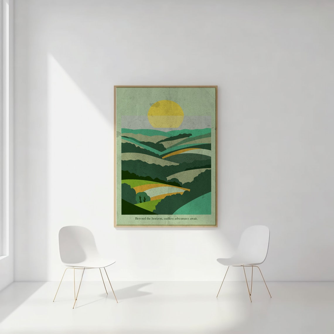Green Rolling Hills Golden Sunrise Geometric Abstract Wall Art - Image 2