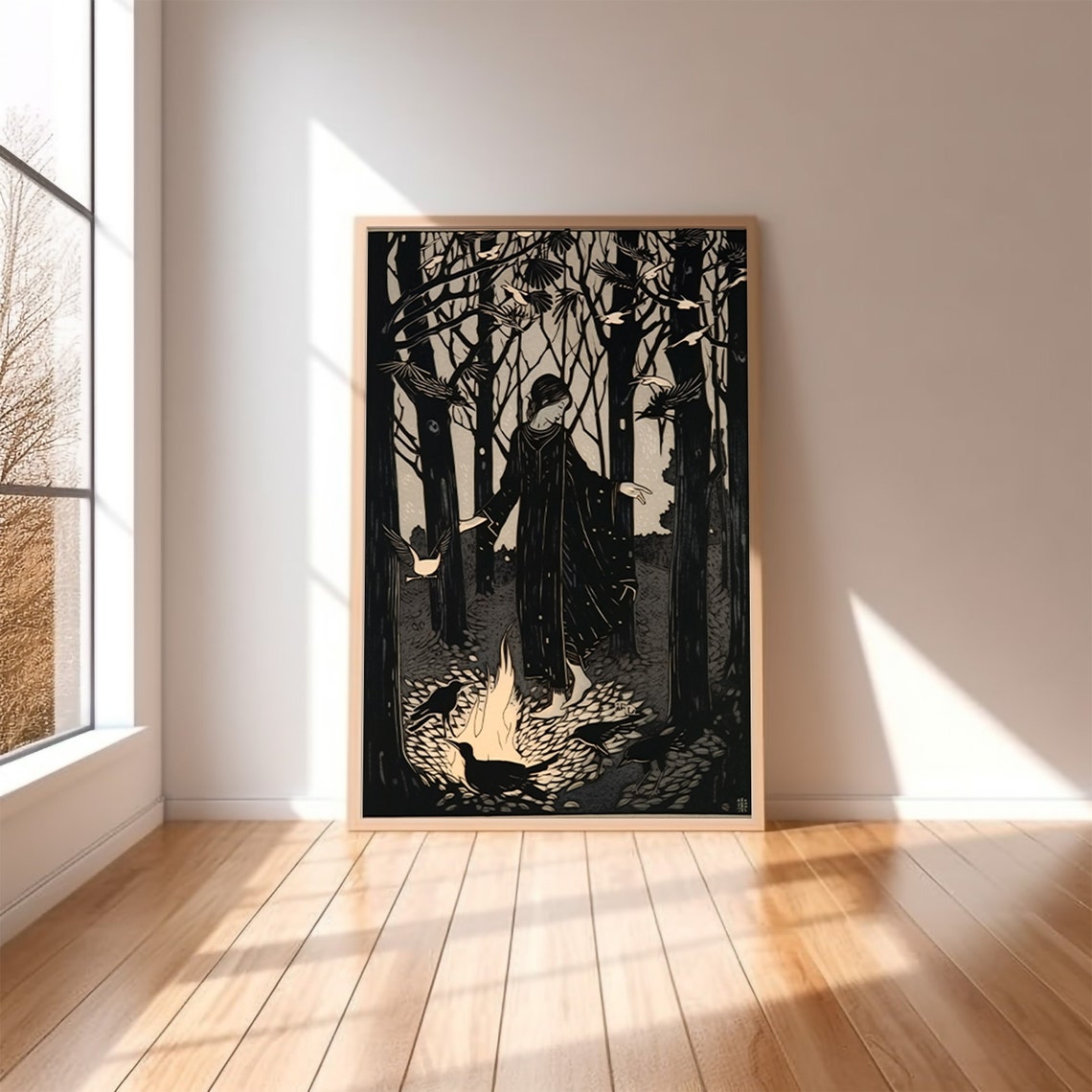 Corvid Night Gathering With Crows and a Campfire Woodcut Style Poster - Image 2
