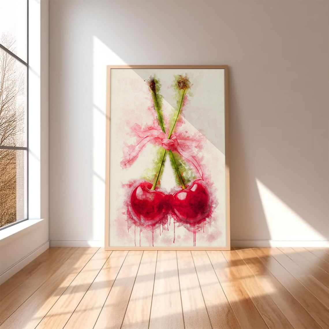 Red Cherries Watercolor Tied With Pink Ribbon Girly Art Print