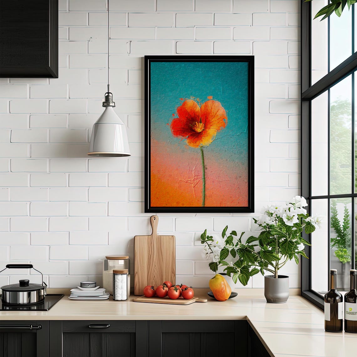 Vibrant Orange Poppy Teal Gradient Minimalist Botanical Art Print - Image 2