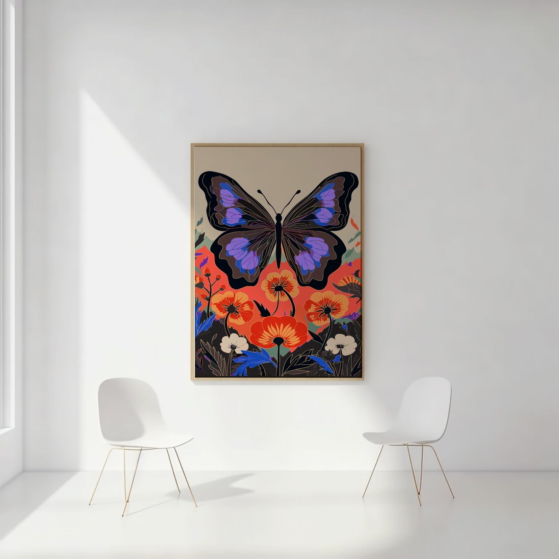 Violet Butterfly Over Coral Blossoms Bold Modern Floral Art Print - Image 3