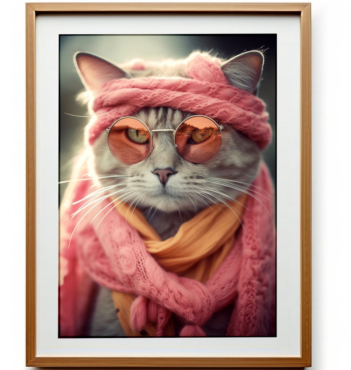 Funny Cat in Pink Knit Hat and Round Sunglasses Quirky Wall Art - Image 3