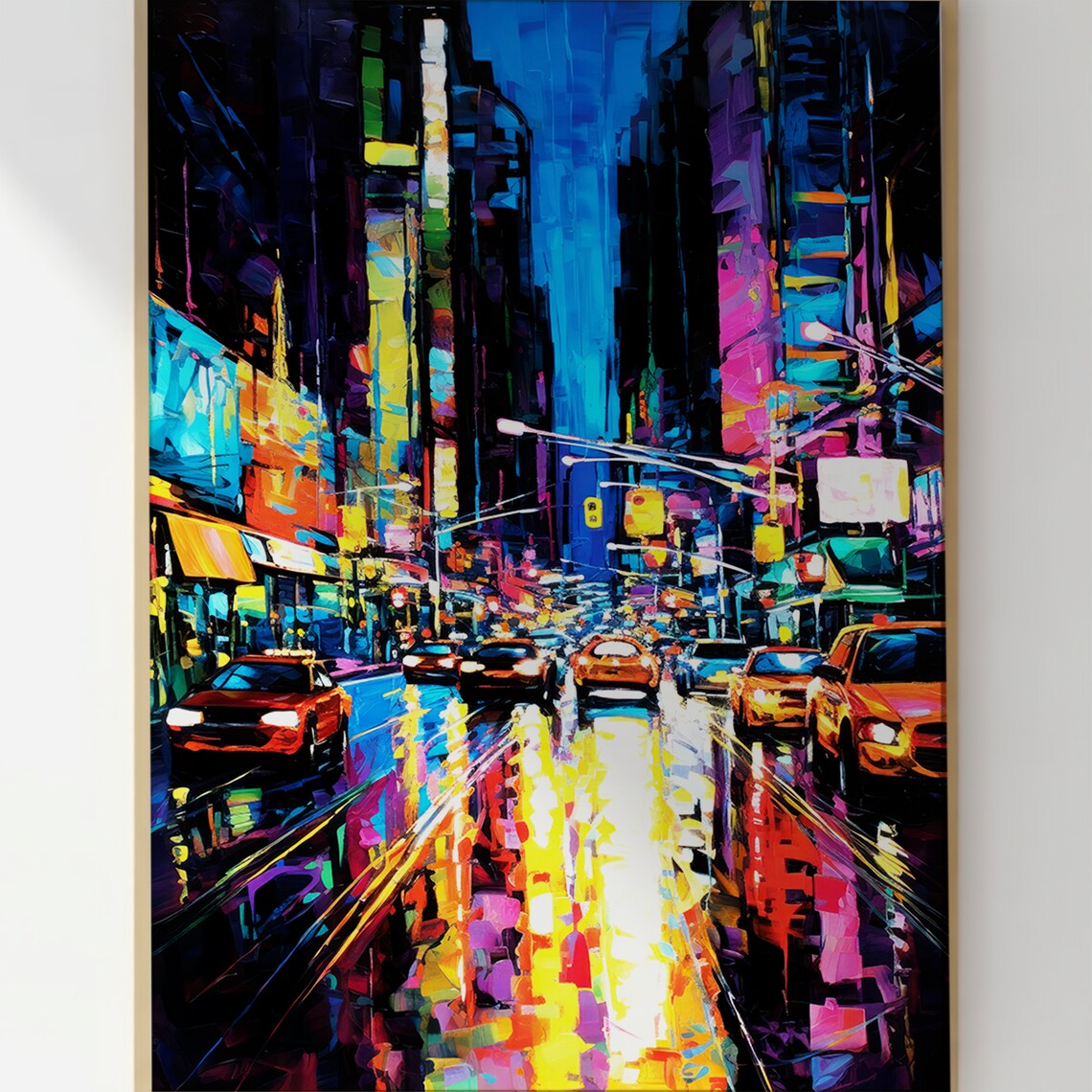 New York City Neon Street Rainy Night Cyberpunk Cityscape Wall Art - Image 3