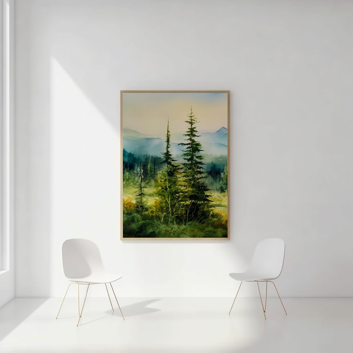 Misty Green Pine Forest Watercolor Mountain Scenic Art Print - Image 2