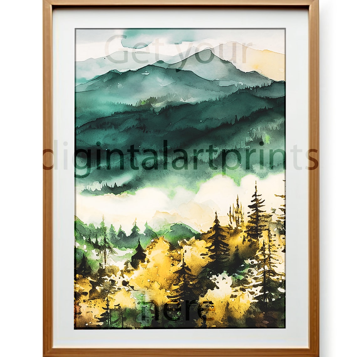 Green Mountain Valley Fog Watercolor Autumn Forest Scenic Art Print - Image 3
