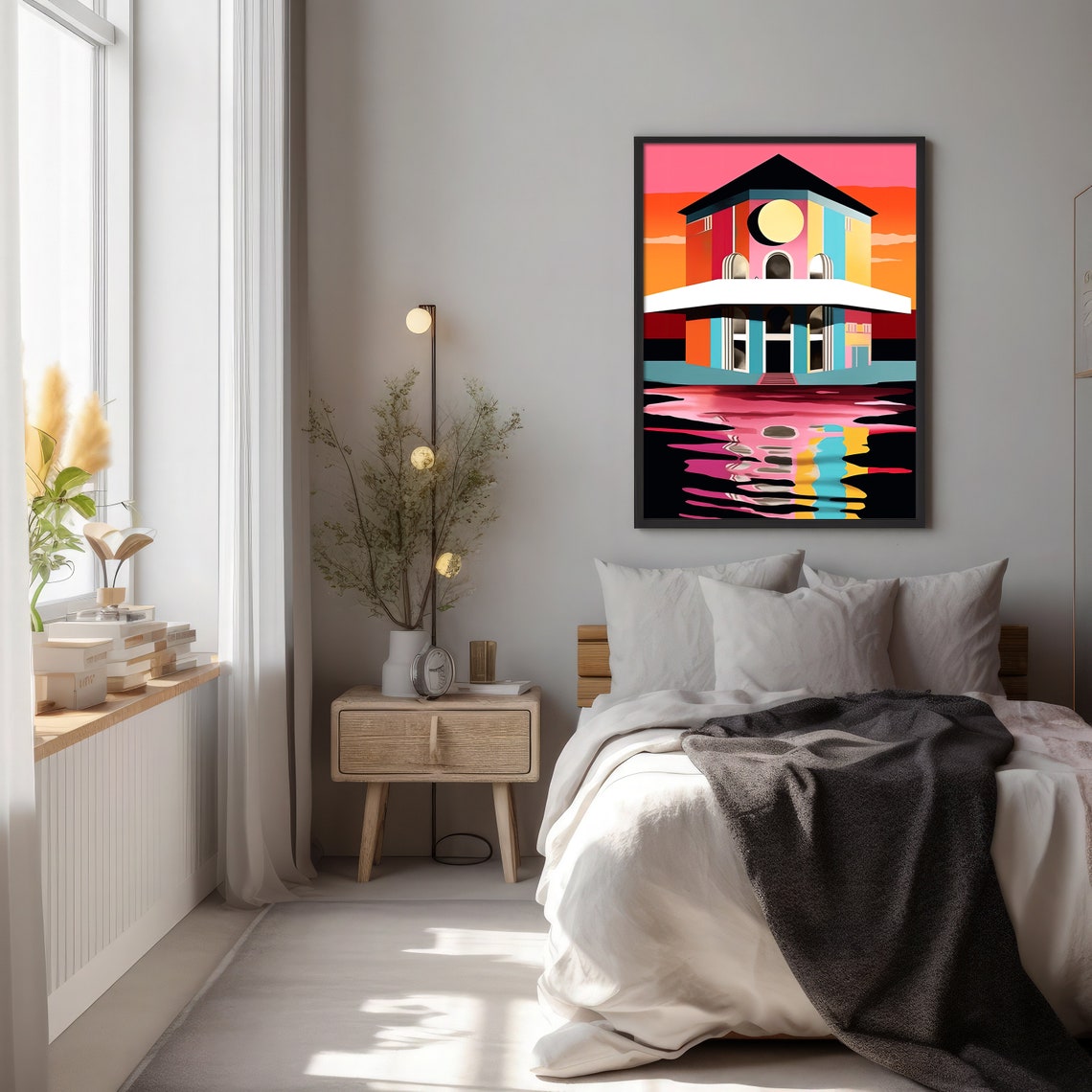 Colorful Geometric Villa by the Water in a Blazing Neon Sunset Poster - Image 2