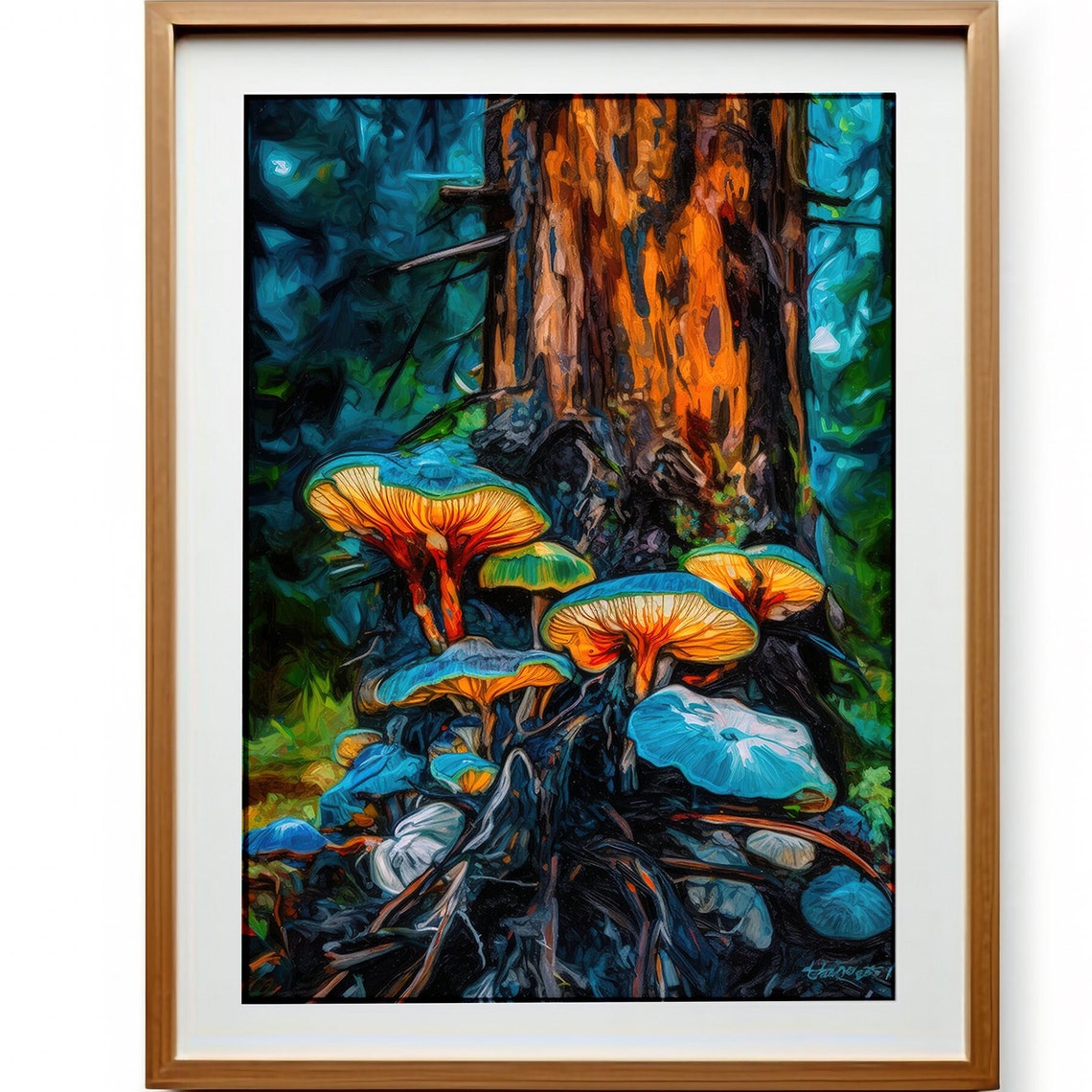 Glowing Blue and Orange Mushrooms on a Mossy Forest Tree Trunk Poster - Image 3