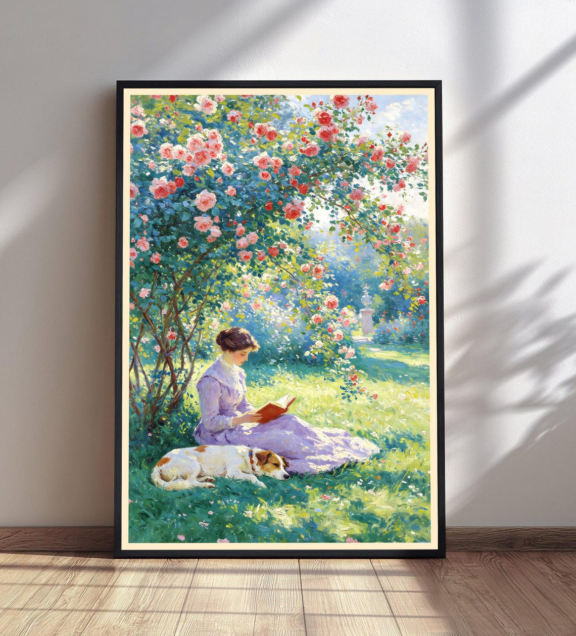 Woman Reading Under Rose Arches Poster Impressionist Garden with Dog