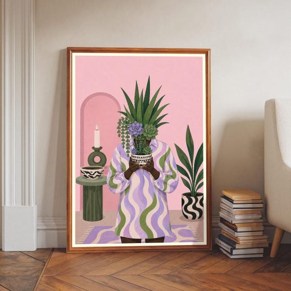 Boho Plant Lady Wall Art Succulent Head Print Botanical Pink Background Aloe Vera Decor Potted