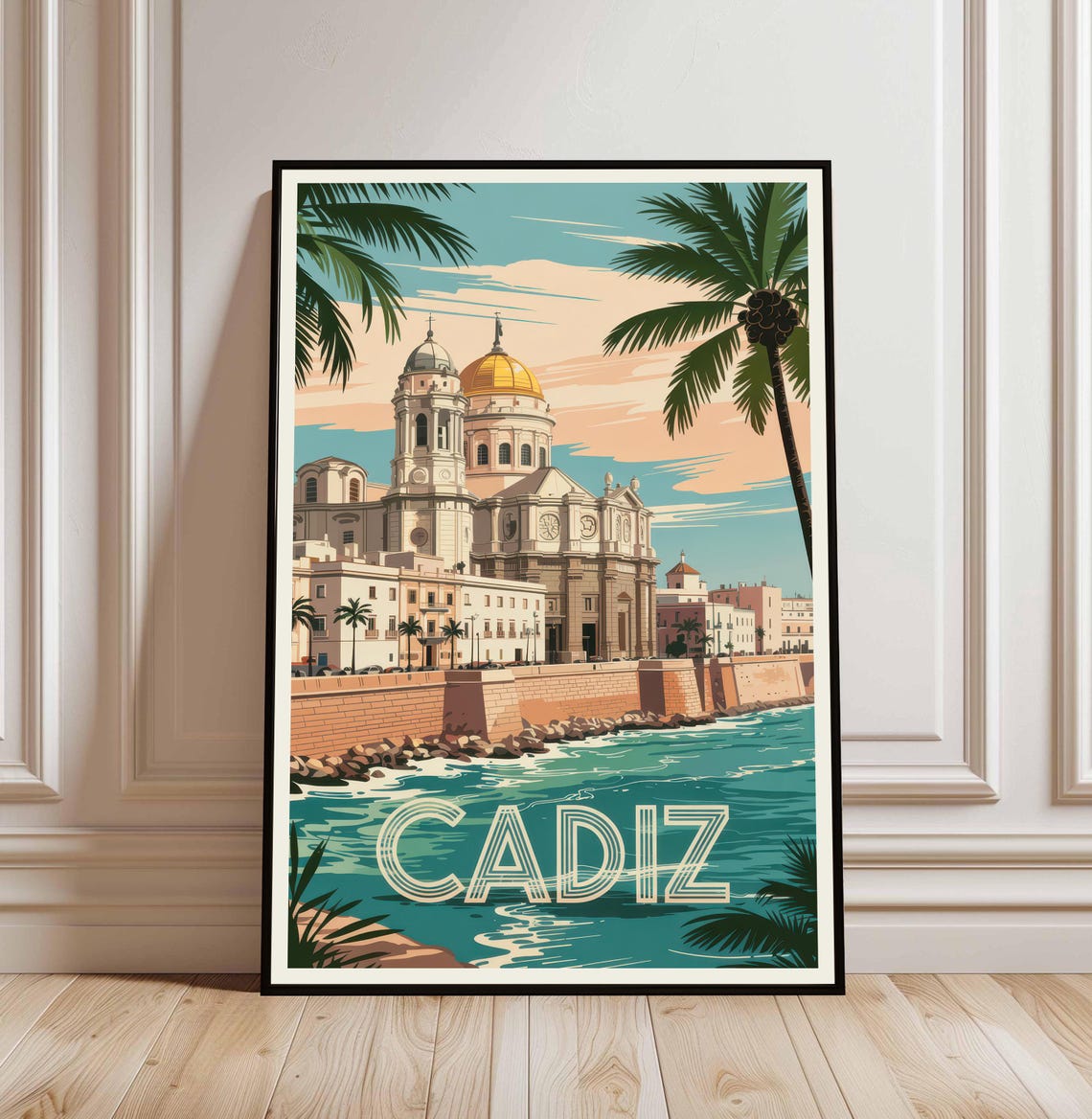 Cadiz Spain Cathedral Vintage Travel Poster Palm Trees Ocean
