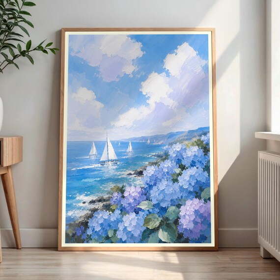 Sailboats On Blue Sea With Hydrangeas Coastal Floral Art Poster
