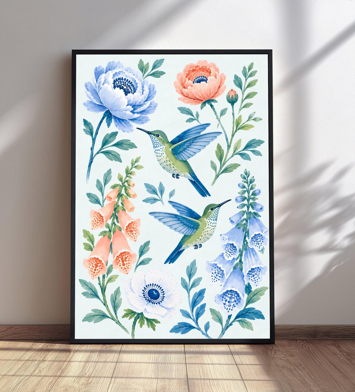 Hummingbird Botanical Watercolor Art With Anemones Foxglove Poster