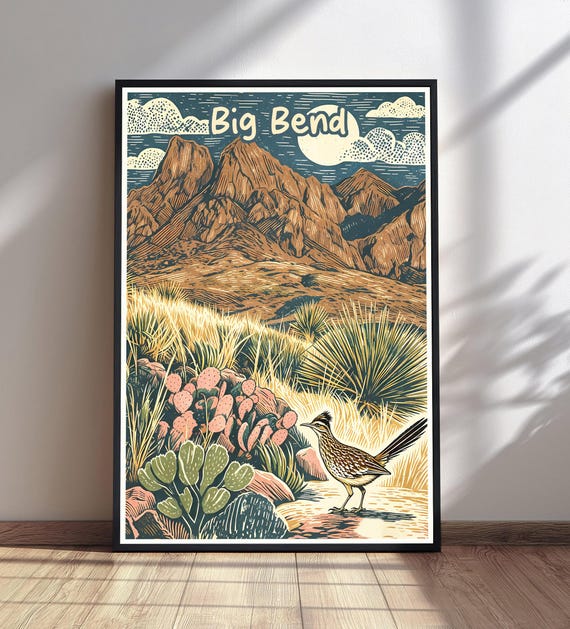 Big Bend National Park Print Vintage Travel Poster Texas Desert Wall Art Roadrunner Nature Decor