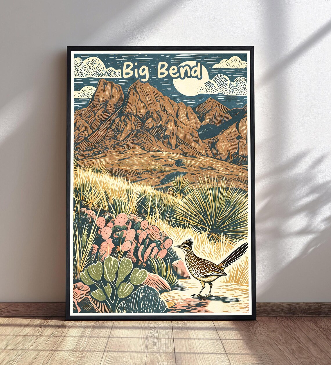 Big Bend Desert Mountains Roadrunner Cactus Woodcut Travel Poster